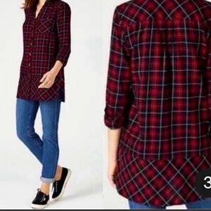 J. Jill Plaid Button Up Red Black Tunic Long Sleeve Shirt, peplum, size Large
